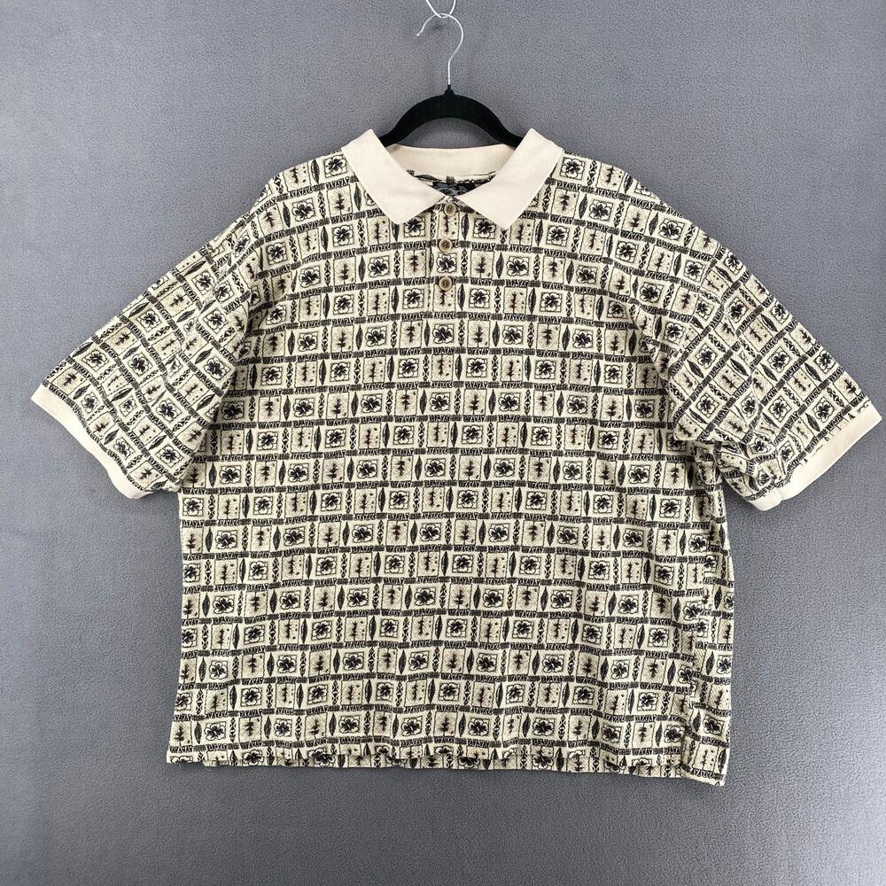 Vtg 90s Y2K 00s OP Sport Hawaiian Polo Shirt Mens XL‎ Cream Black Floral Cotton